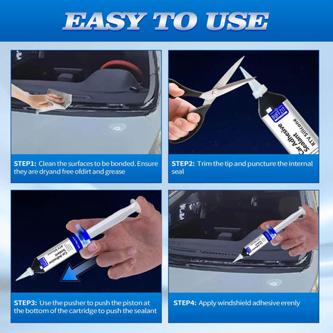 "Silicone Adhesive Sealant For Auto And Home Use, 100 Percent Waterproof Black Caulk With A Super Strong Bond That Wont Shrink Or Crack, Perfect For Gaskets Engine Sunroof Headlights Windows And Easy Home Repairs, 30g being applied to a car windshield"