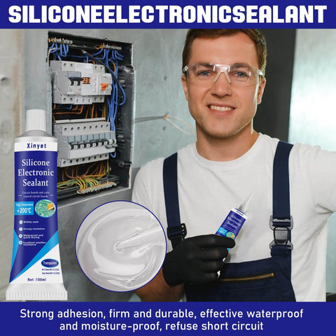 100ml Go To Electronic Silicone Sealant Adhesive For Electronics Conformal Coating And Waterproof Insulation For Circuit Boards Appliance Control Panels And LED Lamps Clear Durable Sealant For Protection Sealing And Vibration Dampening, displayed with electrician and circuit breaker