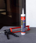 Ultra 100 Percent RTV Silicone Sealant For Exterior Weatherproofing Easy To Apply Neutral Cure Formula Bonds To Metal Wood Glass Concrete 10.1 Oz Brown 1 Pack tube standing with a caulking gun