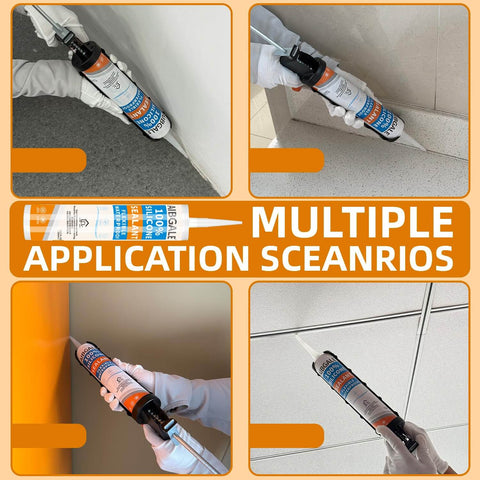 Gold Glitter Silicone Sealant Waterproof 100 Percent Silicone Caulk with Sparkling Finish shown in multiple application scenarios.