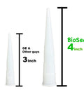 Comparison of two caulk nozzles; left labeled GE & Other Guys 3 inch, right labeled BioSeal 4 inch; against white background.