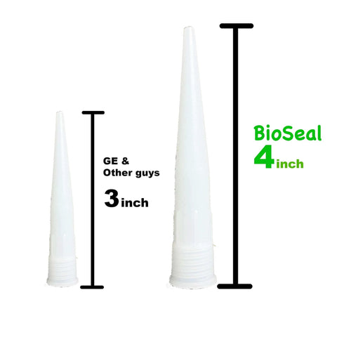 Comparison of two caulk nozzles; left labeled GE & Other Guys 3 inch, right labeled BioSeal 4 inch; against white background.