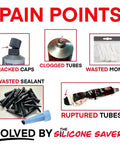Pain points of using silicone sealant tubes without Anti-Clog Dispenser Caps For RTV Silicone Sealant 3oz Flexible Tubes highlighted.