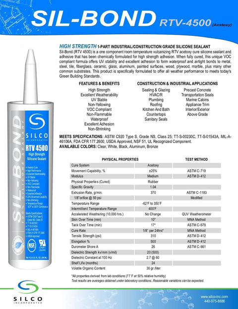 High Performance Silicone Sealant And Adhesive RTV 4500 Case Of Twenty Four 10 Oz Tubes in color options, shown on product sheet.