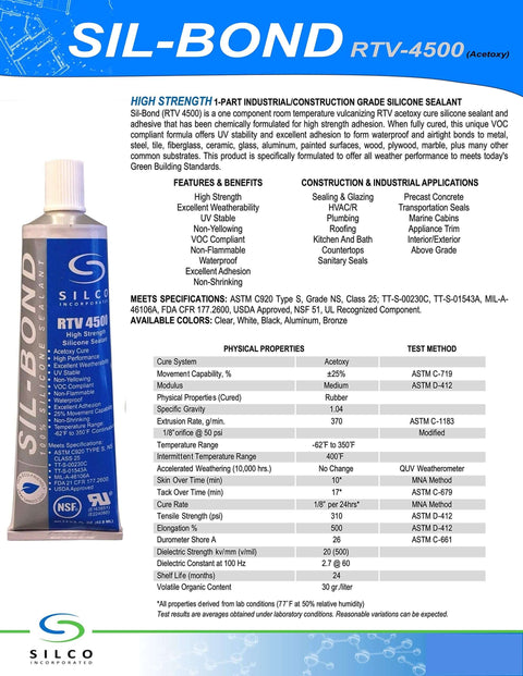Image of Heavy Duty Food Safe Silicone Sealant RTV 4500 Clear Two Pack 2.8 Fluid Ounce Each Beefy Industrial Strength High Bond Adhesion Waterproof UV Stable Non Yellowing 100 Percent Silicone VOC Compliant USDA Approved tube with label and specifications.