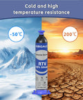 Silicone Adhesive Sealant Black Waterproof Insulating Caulk For Auto Windshields, Doors, Circuit Boards And Sensors, Non-Conductive, Ink-Proof, 1.06oz Quick-Dry In About 15 Minutes, High Adhesion And Temperature Resistance bottle showing temperature range -50C to 200C.