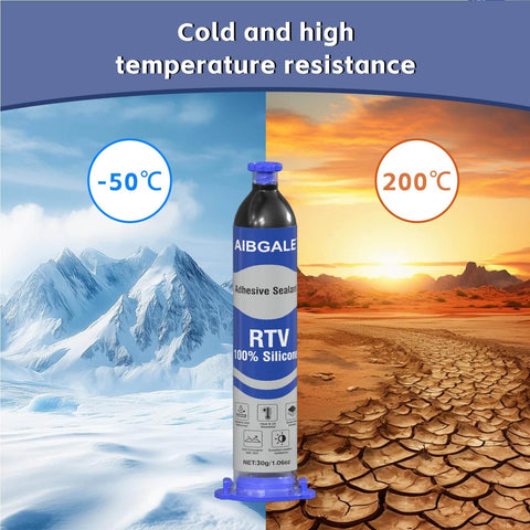 Silicone Adhesive Sealant Black Waterproof Insulating Caulk For Auto Windshields, Doors, Circuit Boards And Sensors, Non-Conductive, Ink-Proof, 1.06oz Quick-Dry In About 15 Minutes, High Adhesion And Temperature Resistance bottle showing temperature range -50C to 200C.