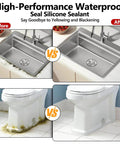 Comparison of kitchen sink and toilet before and after applying Pro Grade Advanced Silicone Caulk for kitchen and bathroom sealing.