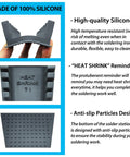 Details of upgraded silicone soldering stand with six slot wire holder, heat shrink reminder, anti-slip base design in dark grey.