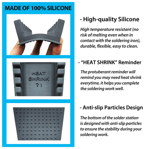 Details of upgraded silicone soldering stand with six slot wire holder, heat shrink reminder, anti-slip base design in dark grey.