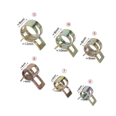 20 Piece Silicone Wrapped 304 Stainless Steel Hose Clip Set Reusable Clamps For Boats And Motorcycles With Size Marked Bands 6mm 7mm 8mm 9mm 10mm 12mm Easy To Install Durable Construction For Long Lasting Performance showing various sizes of clamps