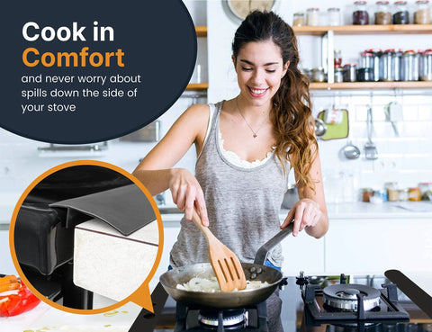 Woman cooking in kitchen with silicone stove gap covers, 21 inch length, 2-pack, seal the gap between stove and counter to block crumbs.
