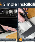 Silicone stove gap covers, 21 inch length, 2-pack being installed and cut to fit between stove and counter to block crumbs and spills.