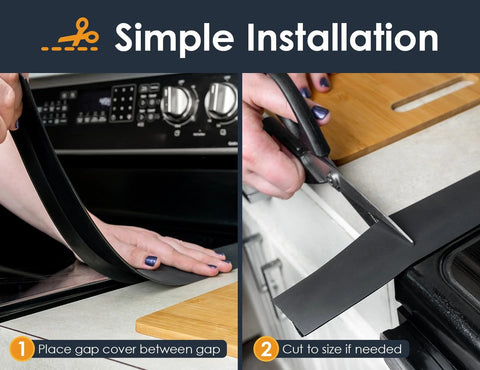 Silicone stove gap covers, 21 inch length, 2-pack being installed and cut to fit between stove and counter to block crumbs and spills.