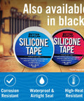 Clear and black Better Boat silicone tape, 1 in x 40 ft, shown on a wooden table, highlighting corrosion resistance and waterproof seal.