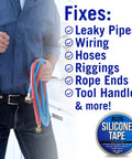 Person holding hoses with text listing fixes like leaky pipes, wiring, and more, featuring Clear Heavy Duty Silicone Tape Self Fusing Waterproof Tape For Plumbing And Electrical Repairs 1 Inch By 40 Feet Clear Seal For Leaks Hoses Pipes Coax Cables Tool Handles And More Quick Rescue Fix At Home Or On The Job.