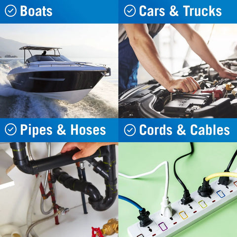 Clear Heavy Duty Silicone Tape Self Fusing Waterproof Tape For Plumbing And Electrical Repairs 1 Inch By 40 Feet shown in various uses including boats, cars, pipes, and cables.