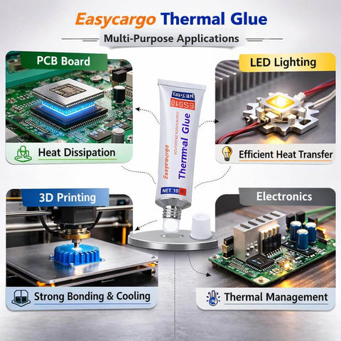 Silicone Thermal Glue For GPU VRM VRAM LED Heatsinks And IC Chips Non Conductive Adhesive With Beast Heat Transfer For MOSFET Transistors 3D Printer PCB TEC1 12706 Peltier RTV Quick Bond Long Lasting Heat Dissipation shown in multi-purpose applications