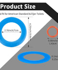 Size chart of silicone toilet flush valve seal kit 3 pack for Champion 4 and Eljer Titan 4 replacement o rings, blue and red.