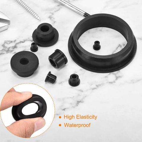 Top Hat Silicone Grommets Four Pack For Thirty Five Millimeter Drill Holes And Twenty Five Millimeter Inner Diameter Wiring Seals displayed on marble surface, close-up view of one grommet held by hand.