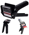 Silicone Tube Squeezer Tool For RTV Tubes, 2.5 Inch Easy Grip Dispenser, shown on white, with attached caulking tube.