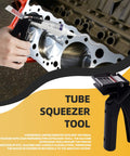 Silicone Tube Squeezer Tool For RTV Tubes, 2.5 Inch Easy Grip Dispenser, shown in use on engine block