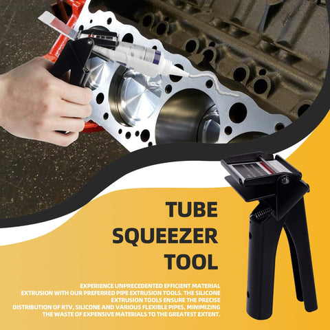 Silicone Tube Squeezer Tool For RTV Tubes, 2.5 Inch Easy Grip Dispenser, shown in use on engine block