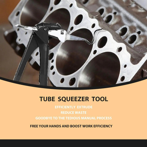 2.5 Inch Silicone Extrusion Tool For RTV Tubes Industrial Tube Squeezer on metal engine block, black easy grip handle visible