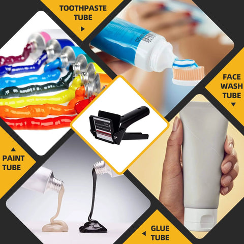 Collection of tubes including paint, toothpaste, face wash, and glue, with a silicone tube squeezer tool in the center.