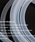 Close-up of Pure Silicone Tubing 3mm ID 5mm OD, coiled with text on performance features including temperature range.
