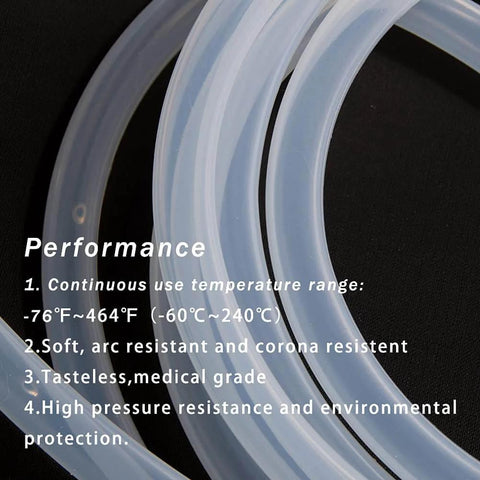 Close-up of Pure Silicone Tubing 3mm ID 5mm OD, coiled with text on performance features including temperature range.