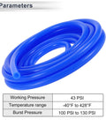 Blue Silicone Vacuum Tubing Hose 12mm ID 18mm Outer Diameter, 20 Ft Long shown coiled with pressure parameters.