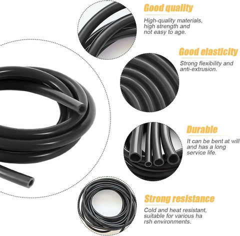Collage of Silicone Vacuum Tubing Hose Line for Automotive Radiator, showing coiled 10 feet hose and features like flexibility and durability.