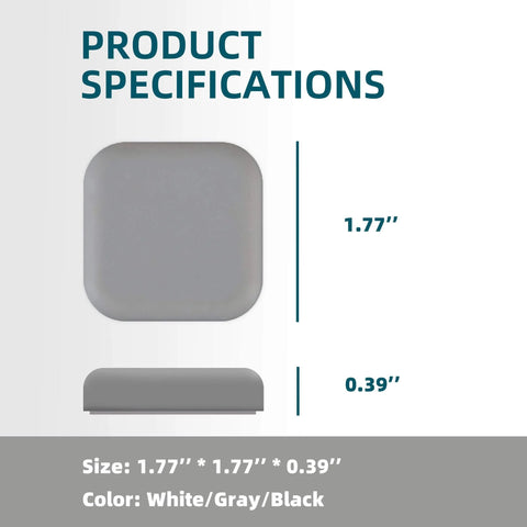 Product specifications for Silicone Door Stop Wall Protector Bumper Self Adhesive Noise Reduction Shield for Doors White 1.77 x 1.77 Inch Compact Size 6 Pack No More Door Slams Knob Guard and Silencer for Home Office School.
