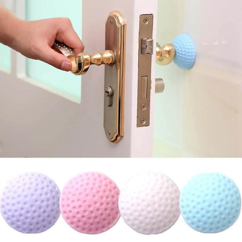 5 Piece Silicone Self Adhesive Wall Protectors For Door Handles And Doorknobs Pink Cushioning Bumpers shown installed on door