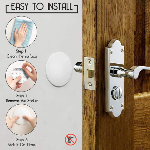 Illustration of Door Stoppers - Large 3.15" (4 PCS) with installation steps beside wooden door with knob.