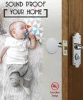 Door Stoppers - Large 3.15" (4 PCS) - Door Stoppers for Wall with Strong Back Adhesive - Quiet and Shock Absorbent Silicone Wall Protectors from Door Knobs - Protects Every Surface - White. Image of door stopper on wall near sleeping baby.