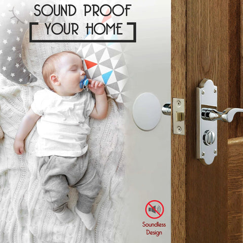Door Stoppers - Large 3.15" (4 PCS) - Door Stoppers for Wall with Strong Back Adhesive - Quiet and Shock Absorbent Silicone Wall Protectors from Door Knobs - Protects Every Surface - White. Image of door stopper on wall near sleeping baby.