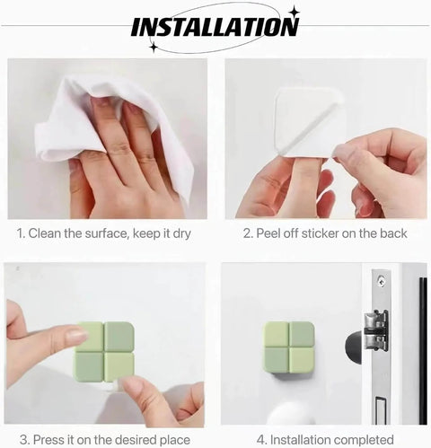 Step-by-step installation of Door Stop Wall Protector Set Of 6 With 0.4 Inch Square Soft Rubber Bumpers Thickened Adhesive.