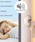 16 Pack 2 Inch Round Clear Silicone Door Knob Wall Protectors installed on wooden door near sleeping child