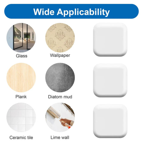 Image showing the compatibility of Silicone Door Stopper Wall Protector Set For Home And Office on various surfaces like glass, wallpaper, plank, diatom mud, ceramic tile, and lime wall.