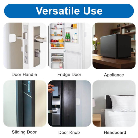 Image showing various uses of Silicone Door Stopper Wall Protector Set for home and office; applied on door handle, fridge, and headboard.
