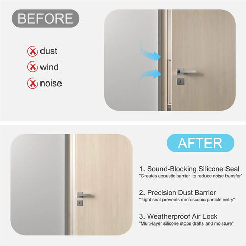 Comparison of door with and without 20 ft x 1 in Weather Stripping, Door Draft Stopper Silicone Gap Seal Strip for drafts and noise reduction.