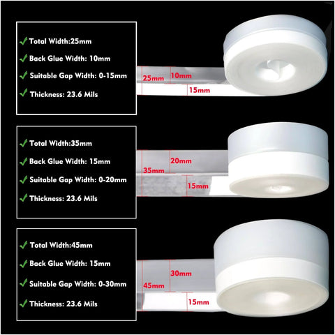 Three rolls of Silicone Weather Stripping Seal Door Tape 16.5 Feet Strip Bottom Draft Insulation Stopper, varying sizes, key dimensions shown.