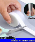 Cutting Silicone Weather Stripping Seal Door Tape 16.5 Feet Strip, flexible tape being cut with scissors, suitable for door and window.