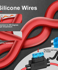 Close-up of silicone wires with inline fuse holder, showcasing resistance to high temperatures for 2 Pack 12 AWG Inline Fuse Holders With Waterproof Cap For 11.8 Inch 12V ATC ATO Blade Fuses 15A 20A 25A 30A 40A Ideal For Marine Golf Cart Lighting Circuits Auto RV Wiring.