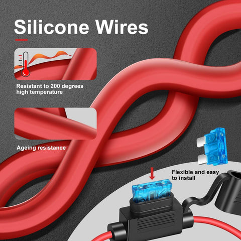 Close-up of silicone wires with inline fuse holder, showcasing resistance to high temperatures for 2 Pack 12 AWG Inline Fuse Holders With Waterproof Cap For 11.8 Inch 12V ATC ATO Blade Fuses 15A 20A 25A 30A 40A Ideal For Marine Golf Cart Lighting Circuits Auto RV Wiring.