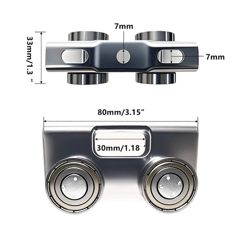 Side and top view of silver 4 Wheel Trolley Assembly Rollers, 80mm width, compatible with 1-5/8" wide strut channel, P1000/P5000 Series.
