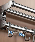 Silver 40CM+8Hook Modern Kitchen Utensil Hanger wall-mounted on wood, focusing on removable hooks and sturdy design.