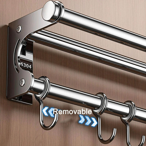 Silver 40CM+8Hook Modern Kitchen Utensil Hanger wall-mounted on wood, focusing on removable hooks and sturdy design.